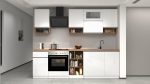 Cucina lineare SOLE 256 cm, composizione 2 Bianco laccato lucido /  Bianco opaco / Rovere Wotan