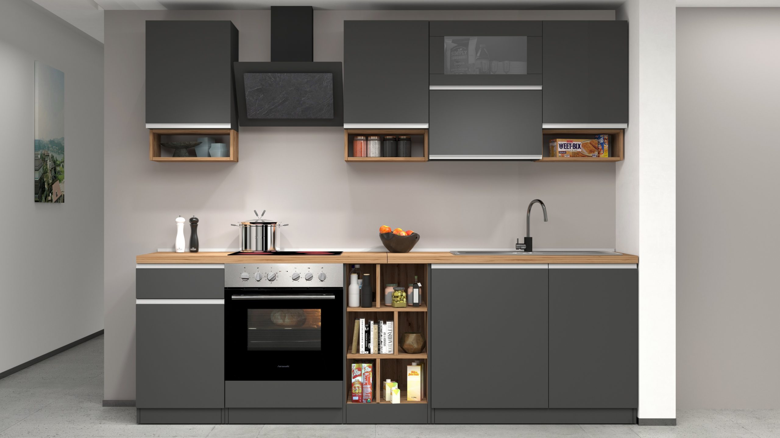22720254_SOLE_AMB.jpg Cucina lineare SOLE 256 cm, composizione 2 Antracite opaco / Rovere Wotan - immagine 1