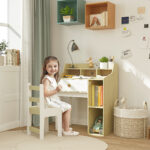 Set Scrivania per Bambini e Sedia in Legno con Scaffale e Cassetto, Età 3-10 Anni, Bianco e Legno - immagine 2