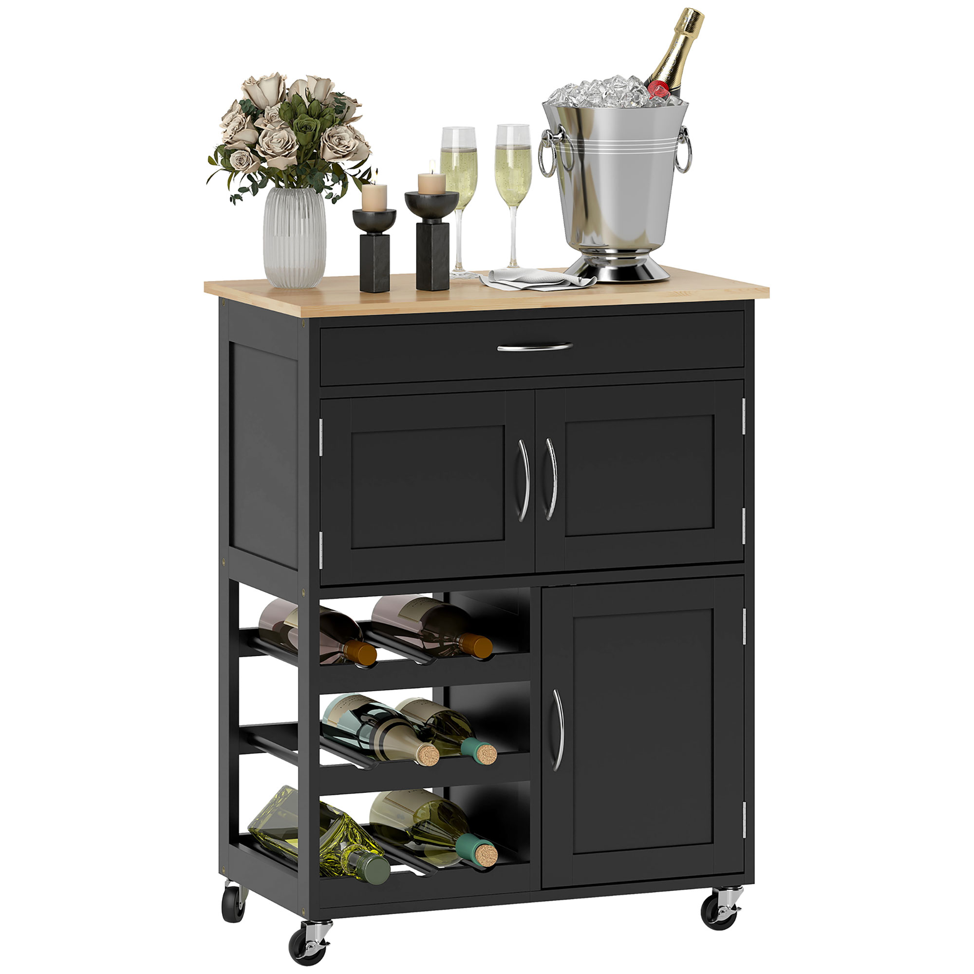 2Et525197450a39cd.jpg Carrello da Cucina in Legno con Portabottiglie, 3 Ante e Cassetto, 67x37x87 cm, Nero e Rovere - immagine 1