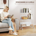 Carrello Portalibri Moderno a 3 Livelli con Ruote Girevoli per Libri e Riviste, 69x26x108 cm, Bianco - immagine 6