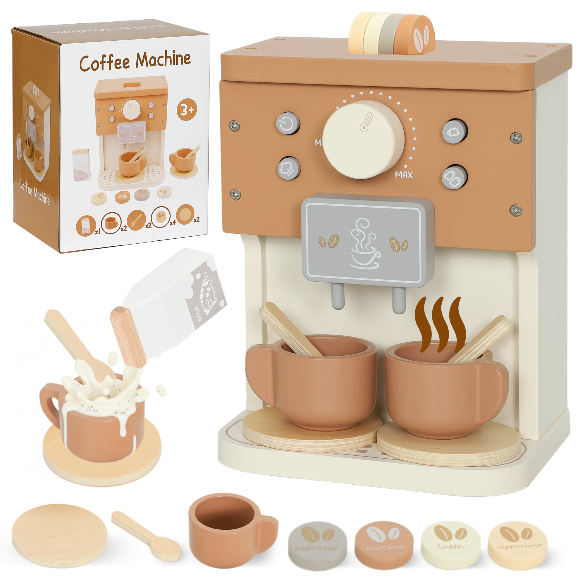 3Cr9a419bd623073c.jpg Set Macchina del Caffè Giocattolo in Legno per Bambini da 3 Anni con Accessori, Marrone - immagine 1