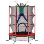 Trampolino Elastico per Bambini Ø1,6x1,9 m con Rete di Sicurezza e Pali Imbottiti, Età 3-10 Anni, Rosso