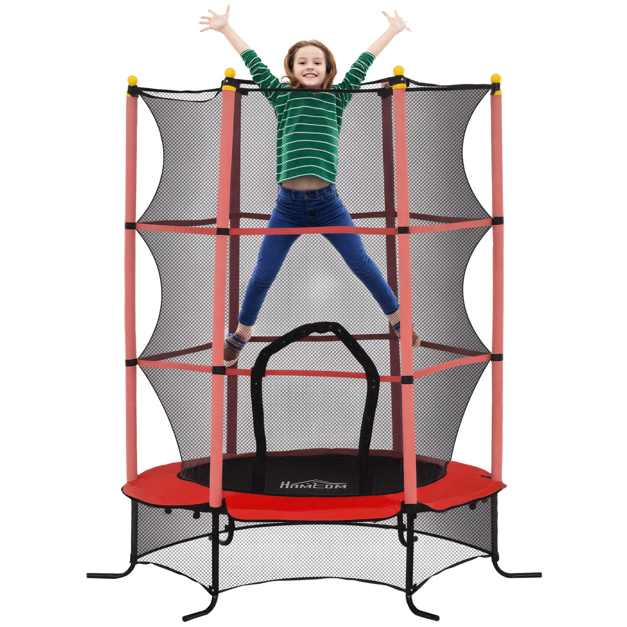 3LC216197ef7fbc68.jpg Trampolino Elastico per Bambini Ø1,6x1,9 m con Rete di Sicurezza e Pali Imbottiti, Età 3-10 Anni, Rosso - immagine 1