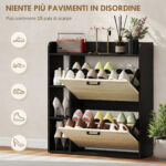 Scarpiera Slim con 2 Cassetti Ribaltabili e 3 Vani Aperti, Capacità 15 Scarpe, 83x24x90,5 cm, Nero - immagine 4