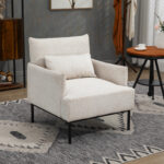 Poltrona Moderna d'Arredo con Cuscino Extra, in Tessuto Effetto Lino e Acciaio, 73x81x82 cm, Bianco Crema - immagine 7