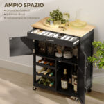 Carrello da Cucina in Legno con Portabottiglie, 3 Ante e Cassetto, 67x37x87 cm, Nero e Rovere - immagine 4