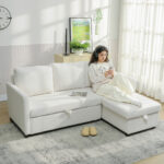 Divano Letto Angolare Effetto Lino con Vano Portaoggetti a Scomparsa, 192x148x86 cm, Bianco Crema - immagine 2