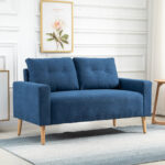 Divano 2 Posti Moderno e Trapuntato in Stile Nordico, in Poliestere e Legno, 145x76x88 cm, Blu - immagine 2