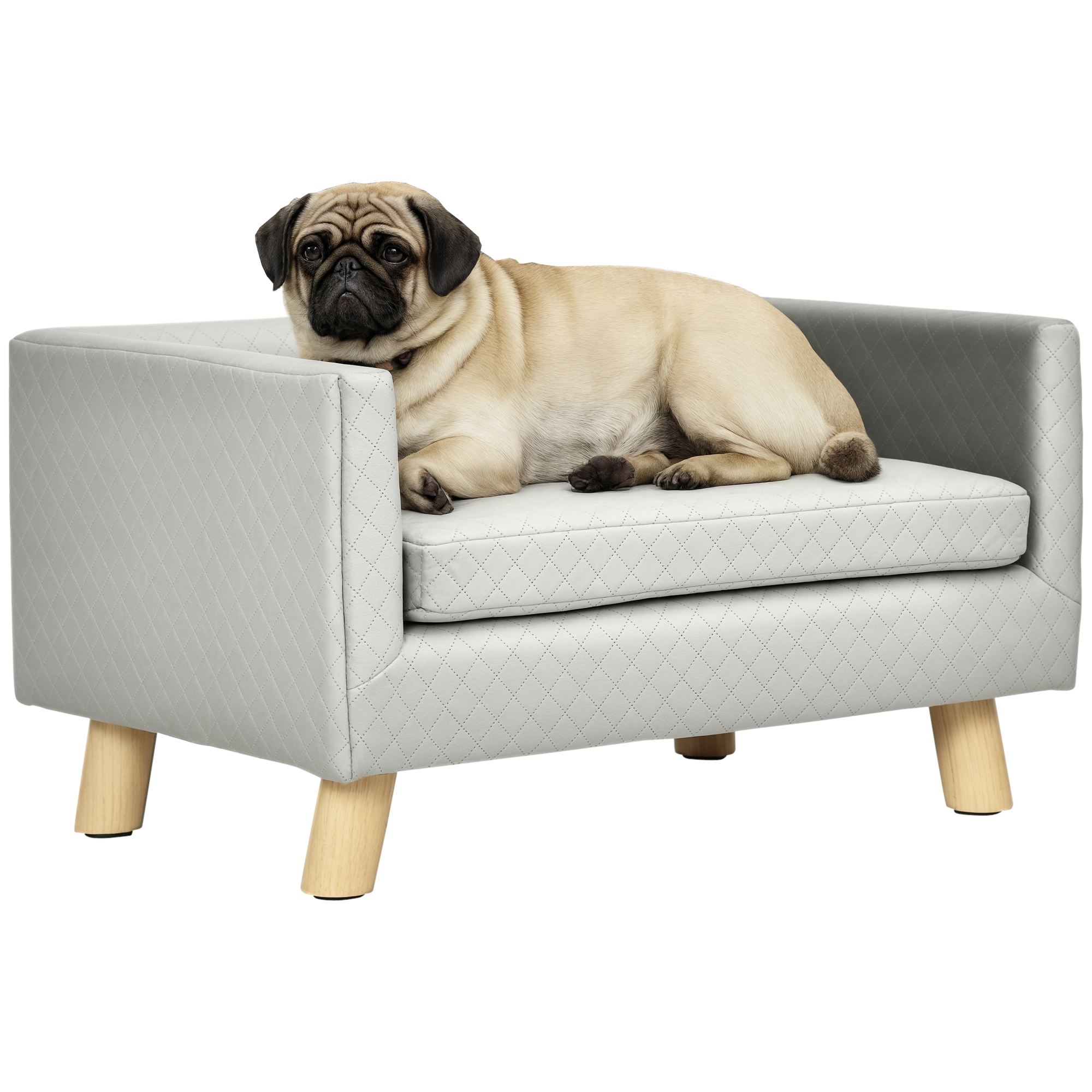 5L3a9d1980bf01ca2.jpg Divanetto per Cani e Gatti Stile Scandinavo con Cuscino Imbottito in Velluto e Legno, 64x45x36cm, Grigio - immagine 1