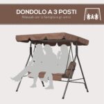 Dondolo da Giardino a 3 Posti con Tettuccio Parasole Inclinabile e Cuscini, 172x110x153 cm, Marrone e Nero - immagine 7