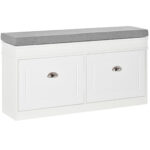 Panca Scarpiera Salvaspazio in Legno con Cuscino, 2 Cassetti con Mensola Regolabile per 8 Scarpe, 104x24x55cm, Bianco