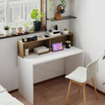 Scrivania PC Moderna con Piano Rialzato e 2 Ripiani, in Truciolato, 110x50x102,6 cm, Bianco, Marrone e Noce - immagine 2