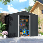Casetta da Giardino 3,6m² in Acciaio Zincato con Prese d'Aria, Capanno da Giardino con Tetto Inclinato, Doppie Porte Scorrevoli Bloccabili, Capanno Porta Attrezzi, 236x174x190cm, Grigio Scuro - immagine 9