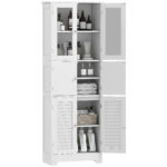 Mobile Colonna Bagno con 3 Armadietti e Ante in Vetro e a Persiana, 60x30x170,5cm, Bianco