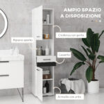 Colonna Bagno in MDF con Ripiano Aperto, Cassetto e Armadietto Chiuso, 37x32,5x170 cm, Bianco - immagine 4