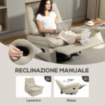 Poltrona Relax Reclinabile Manualmente con Poggiapiedi e Base Girevole Senza Braccioli, Crema - immagine 4