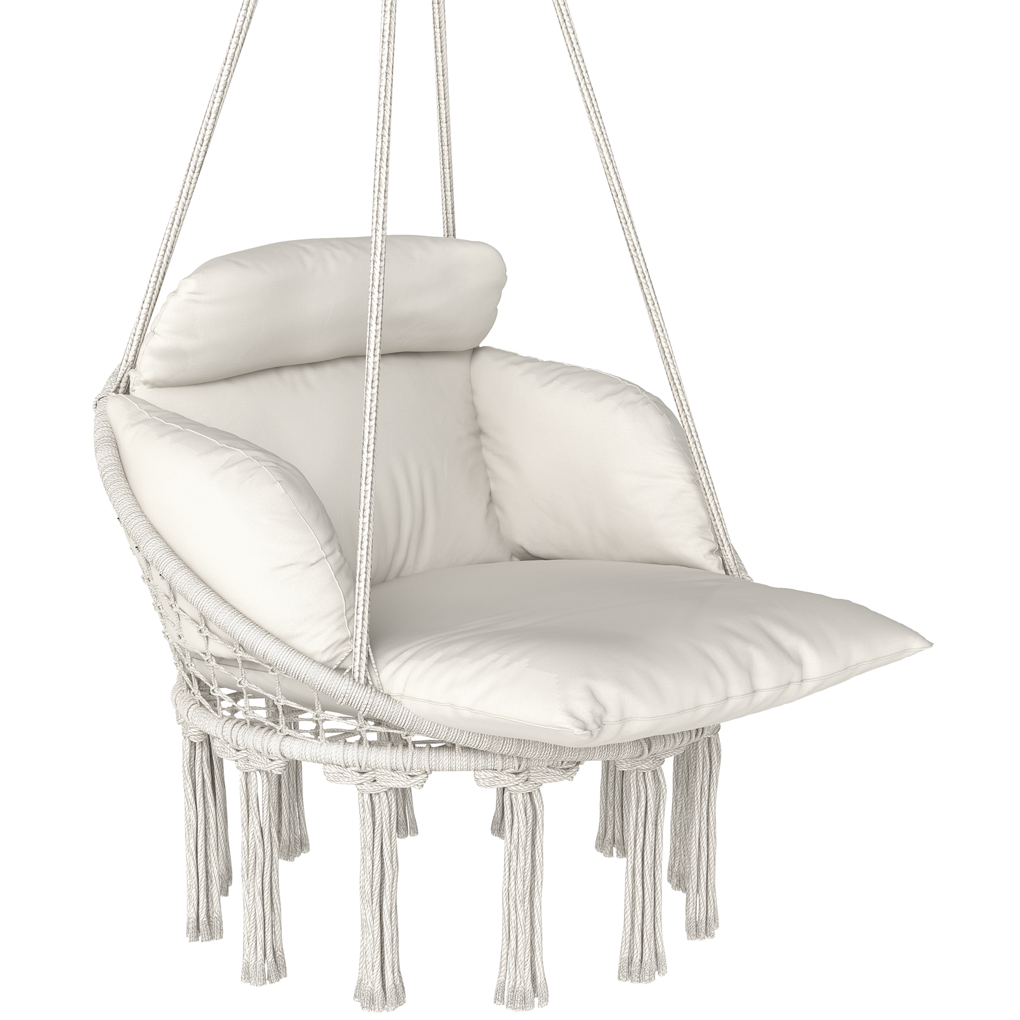 6kM4d4198998d733a.jpg Poltrona Sospesa in Stile Boho con Cuscino, in Acciaio, Cotone e Poliestere, 80x60x40 cm, Bianco Crema - immagine 1