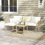 Set da Giardino 3pz con Chaise Longue, Divanetto, Cuscini e Tavolino, in Rattan e Acciaio, Bianco Crema e Legno - immagine 7