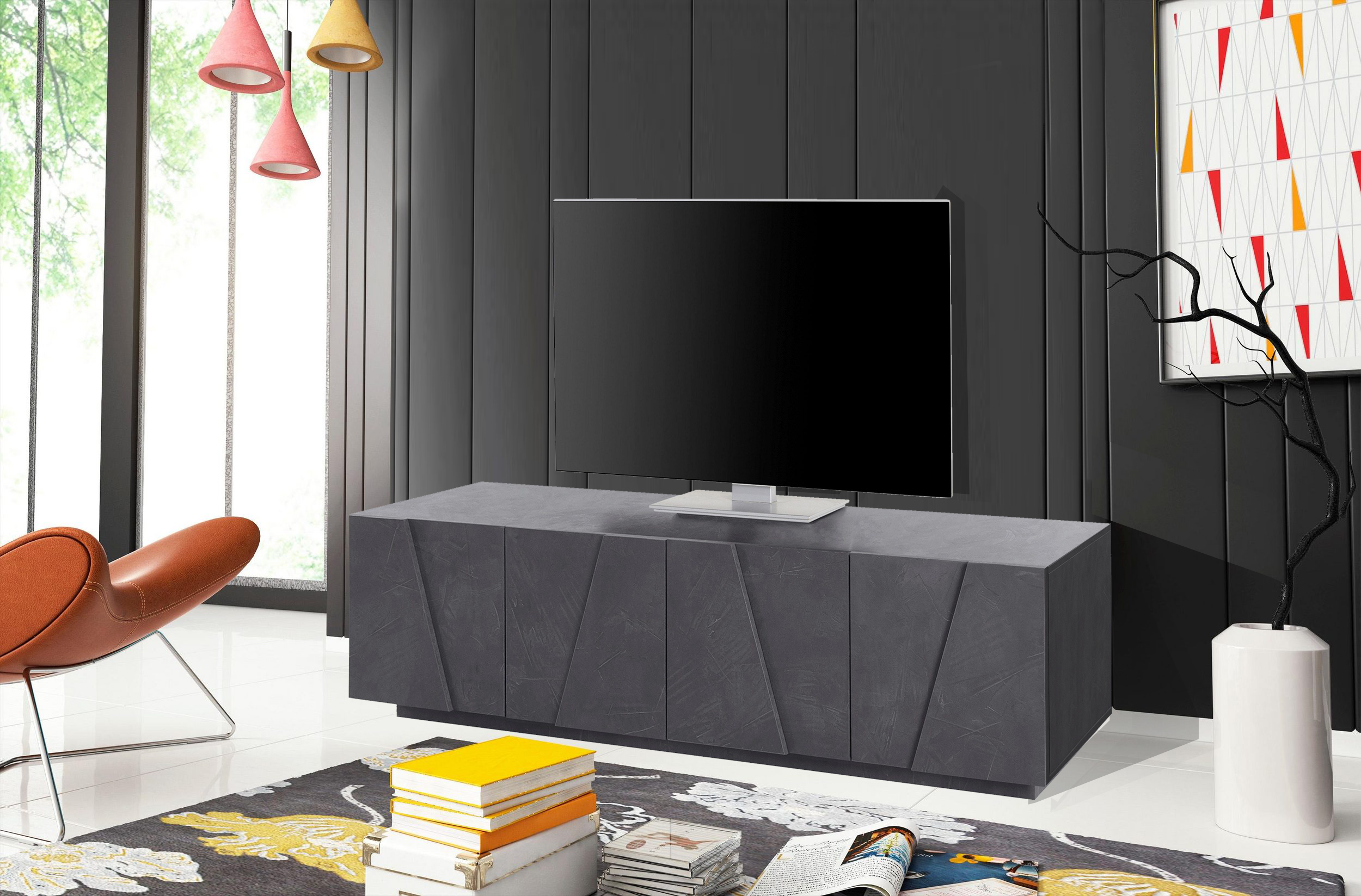 70343869_PING_AMB.jpg Porta tv PING 160 cm 4 ante battenti Ardesia - immagine 1