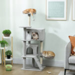 Albero Tiragraffi per Gatti Alto 140 cm con 2 Casette, Amaca, Lettino e Pali in Sisal, Grigio - immagine 2