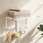 Portasciugamani a Parete Pieghevole con 5 Barre e 6 Ganci in Legno e Acciaio, 60x32,5x20 cm, Bianco - immagine 2