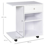 Mobiletto per Stampante in Legno con 4 Ruote, Mensola Regolabile e Piano per CPU, Bianco - immagine 3