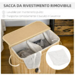 Cesto Portabiancheria da 90L Pieghevole con 2 Scomparti, Coperchio e Manici in Bambù - immagine 5