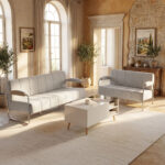Divano 3 Posti Moderno Rivestito in Ciniglia Beige, in Acciaio, Spugna e Pannello Multistrato, 174x75x76 cm - immagine 9
