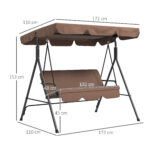 Dondolo da Giardino a 3 Posti con Tettuccio Parasole Inclinabile e Cuscini, 172x110x153 cm, Marrone e Nero - immagine 3