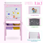 Lavagnetta per Bambini in Legno Rosa con Cavalletto 3 in 1: Lavagna Bianca, Nera e con Rullo Fogli di Carta - immagine 4