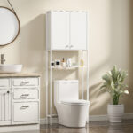 Mobile Bagno Sopra WC e Lavatrice con Armadietto e Ripiano Aperto, 64x20x180 cm, Bianco - immagine 2