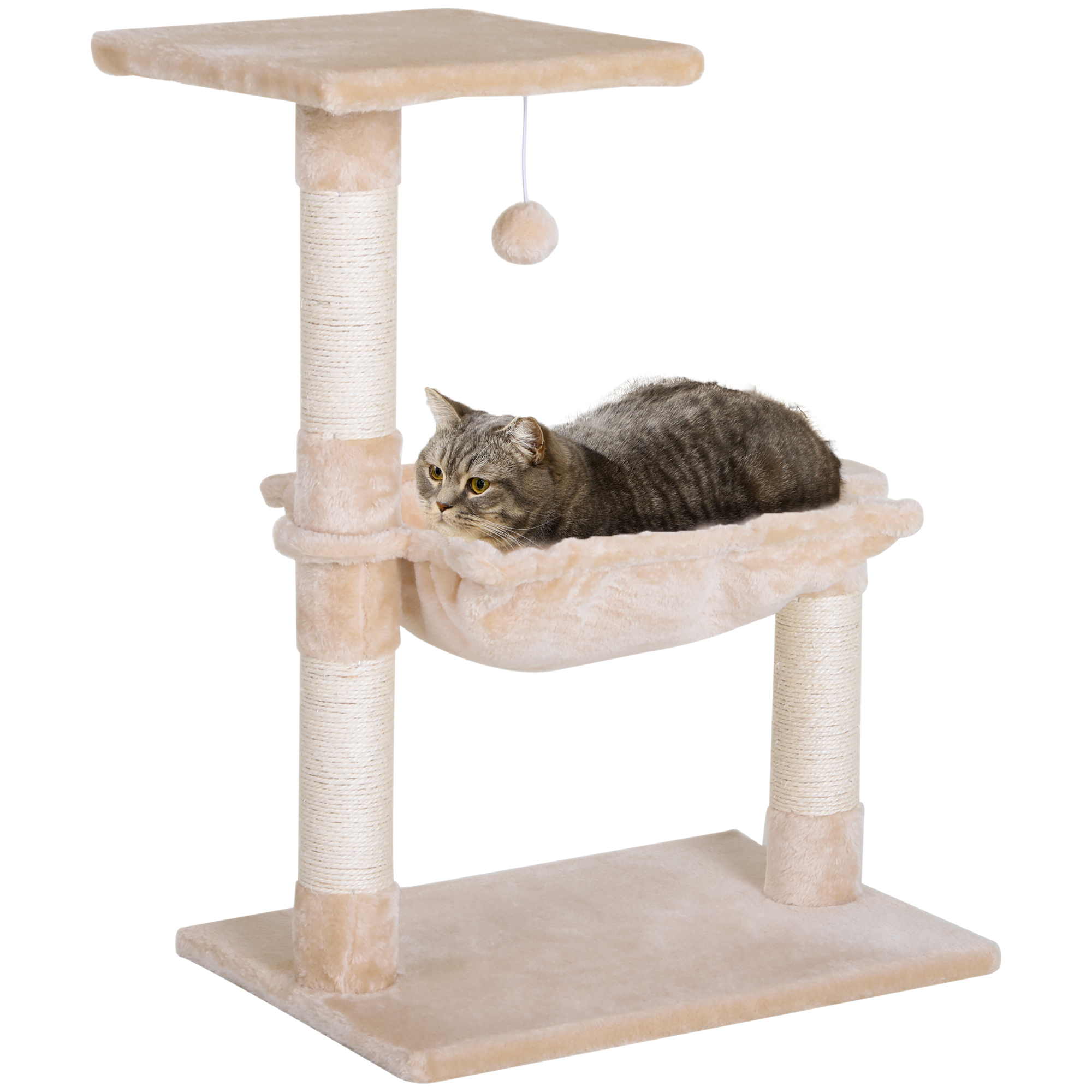 8KQ5c119495311fe4.jpg Torre per Gatti max 3,6kg con Amaca e Pallina Appesa, in Legno e Peluche, 50x36x70 cm, Beige - immagine 1
