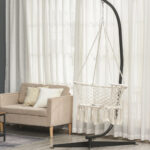 Amaca da Giardino in Stile Boho Chic, Sedia Sospesa in Poliestere e Macramè per Interni ed Esterni, Crema, 80x60x36cm - immagine 2