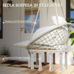Poltrona Sospesa in Stile Boho con Cuscino, in Acciaio, Cotone e Poliestere, 80x60x40 cm, Bianco Crema - immagine 5
