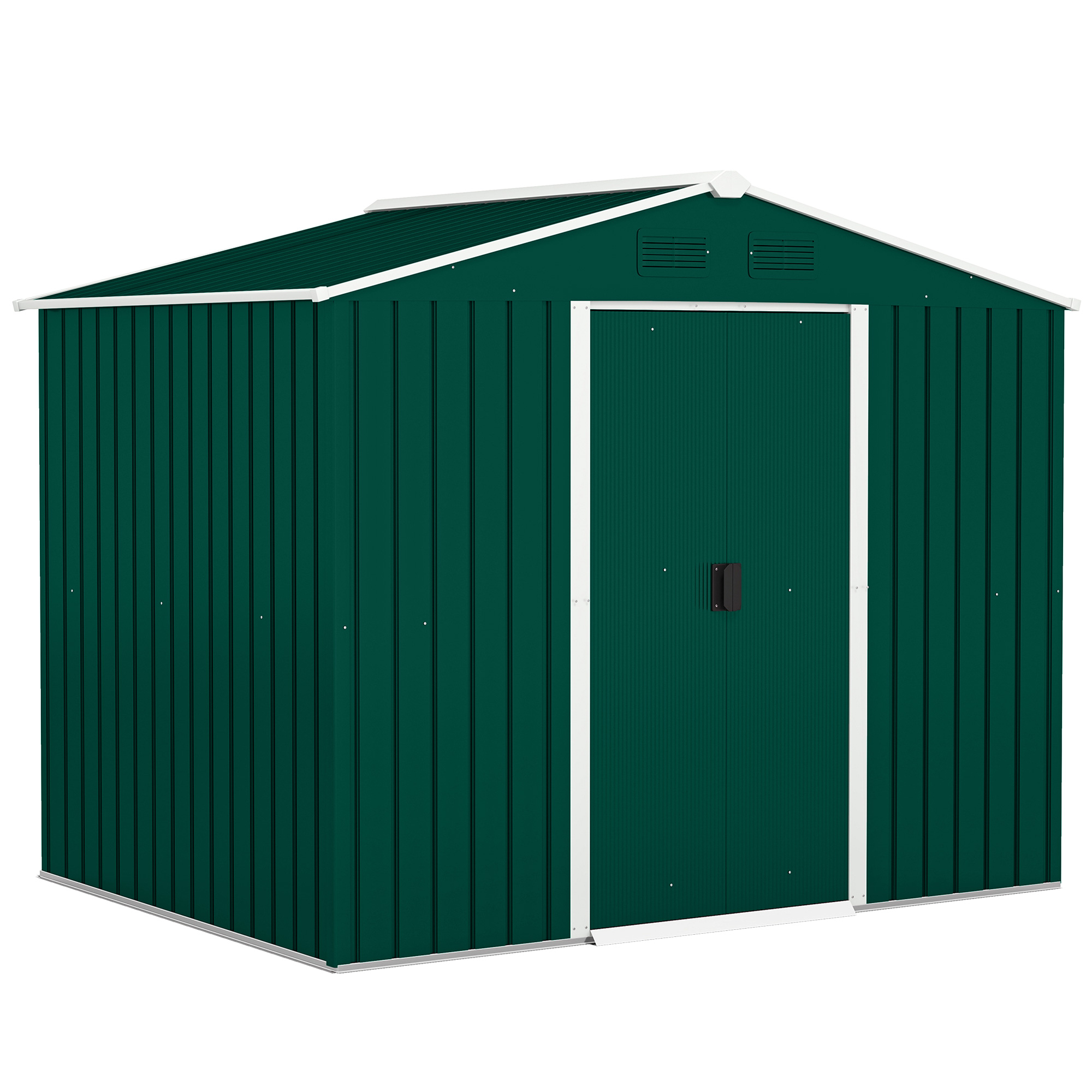 8nR15d19b44ddc9cf.jpg Casetta da Giardino 3,6m² in Lamiera di Acciaio con 2 Porte Scorrevoli e 4 Prese d'Aria, 236x174x190 cm, Verde - immagine 1