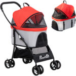 Passeggino per Cani Pieghevole con Trasportino Rimovibile e Tettuccio, 82x49,5x98cm, Rosso