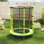 Tappeto Elastico per Bambini 3-6 Anni con Rete di Protezione, 6 Colonne e 3 Ingressi, Ø140x190 cm, Verde e Nero - immagine 2