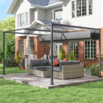 Pergola Gazebo da Esterno 4x3 m con Tettuccio Retrattile in Metallo e Poliestere, Grigio Scuro - immagine 8