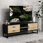 Mobile Porta TV 60" con Armadietto, 2 Cassetti e Ripiani Aperti, 140x35x45 cm, Legno Naturale - immagine 2