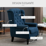 Poltrona per Salotto in Stile Francese con Seduta Imbottita e Cuscini, in Velluto, 74x86x102 cm, Blu - immagine 4