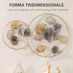 Decorazione Murale 3D in Metallo, Wall Art Dorata con Ginkgo in due Cornici Rotonde, 102x66,2cm, Oro e Argento - immagine 4