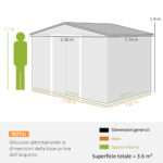 Casetta da Giardino 3,6m² in Acciaio Zincato con Prese d'Aria, Capanno da Giardino con Tetto Inclinato, Doppie Porte Scorrevoli Bloccabili, Capanno Porta Attrezzi, 236x174x190cm, Grigio Scuro - immagine 3