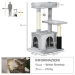 Albero Tiragraffi per Gatti Multilivello con Lettino e Casetta, Rivestimento in Peluche, Grigio - immagine 3
