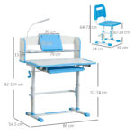 Banco Scuola per Bambini 6-12 Anni Regolabile con Luce LED, Leggio e Portapenne, in MDF, PP e Acciaio, Azzurro - immagine 3