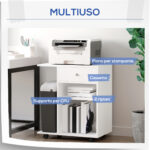 Mobiletto per Stampante in Legno con 4 Ruote, Mensola Regolabile e Piano per CPU, Bianco - immagine 5