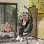 Poltrona Sospesa a Uovo con Gancio Regolabile, 2 Cuscini e Cesto, in Acciaio, 120x88x192 cm, Nero e Grigio - immagine 2