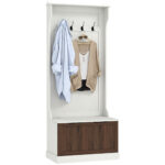 Mobile Appendiabiti 3 in 1 con 4 Ganci e Panca Contenitore, in Legno, 71,5x39,5x170 cm, Bianco