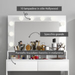 Tavolo da Trucco con Specchio e 10 Luci LED Regolabili, 2 Cassetti e 3 Scomparti, 80x40x135 cm, Bianco - immagine 6