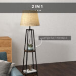 Lampada da Terra a 2 Ripiani in Metallo e MDF con Paralume in Tessuto, Ø42x166 cm, Nero e Marrone - immagine 5